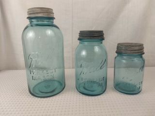 Vintage Blue Perfect Mason Jars With Zinc & Milk Glass Lids 13 No.  13