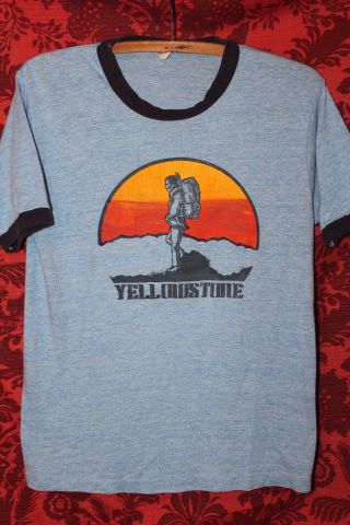 Vintage 70s Yellowstone Park Hiking Rayon Tri Blend T - Shirt Sz S/m Outdoors