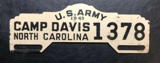 Vintage 1943 Wwii Us Army Camp Davis License Plate Topper North Carolina