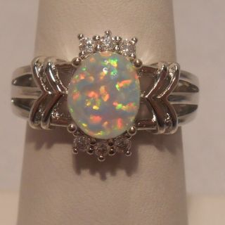 Estate White Fire Opal & Clear Gems 925 Sterling Silver Filigree Ring Size 9