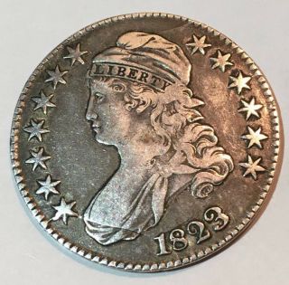 1823 Capped Bust Half Dollar 50c Us Coin W/ Very Rare 3 - Text On Side Of Coin