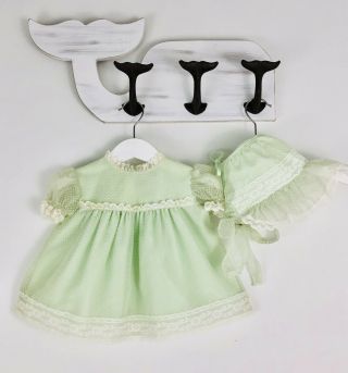 Vintage Bryan Sheer Flocked Swiss Dot Pale Green Baby Girl Dress & Bonnet 6 - 9 Mo