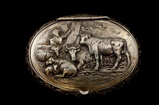 One Antique Silver Powder Box With Pastoral Scene Probably Dutch