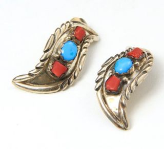 Vintage Navajo Sterling Silver Turquoise Coral Clip Earrings Feather Leaf Signed