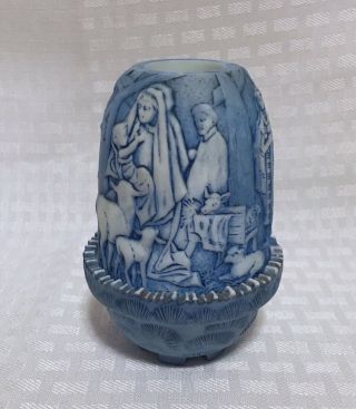 Vintage Blue Fenton Fairy Lamp Light Nativity Scene Signed