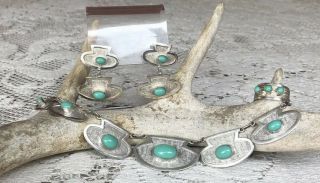 C.  1960s Modernist Ecuador 900 Silver Turquoise Necklace,  Earrings,  Ring Set