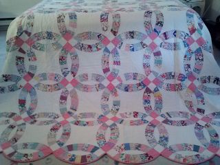 Antique Vintage Completely Hand Made Wedding Ring Pattern Patchwork Quilt - 80x102