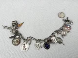 Vintage Sterling Silver Charm Bracelet With 21 Sterling Charms