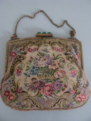 Antique Petit Point Purse Urn Of Flowers Roses Tapestry Hand Done Handbag Exc