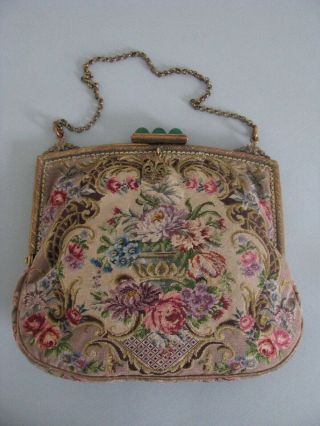 ANTIQUE PETIT POINT PURSE URN OF FLOWERS ROSES TAPESTRY HAND DONE HANDBAG EXC 2