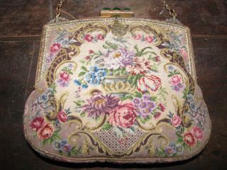 ANTIQUE PETIT POINT PURSE URN OF FLOWERS ROSES TAPESTRY HAND DONE HANDBAG EXC 3