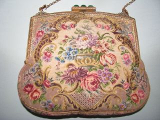 ANTIQUE PETIT POINT PURSE URN OF FLOWERS ROSES TAPESTRY HAND DONE HANDBAG EXC 4