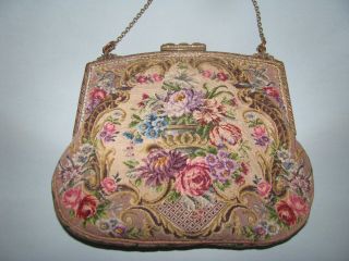 ANTIQUE PETIT POINT PURSE URN OF FLOWERS ROSES TAPESTRY HAND DONE HANDBAG EXC 5