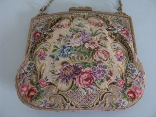 ANTIQUE PETIT POINT PURSE URN OF FLOWERS ROSES TAPESTRY HAND DONE HANDBAG EXC 6
