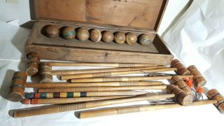 Antique Croquet Set Primitive Wooden Box Stripe Balls Vtg 1800 - 1900 