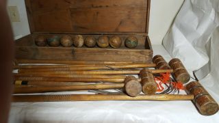 ANTIQUE CROQUET SET PRIMITIVE WOODEN Box STRIPE BALLS Vtg 1800 - 1900 ' S 8 PLAYER 2