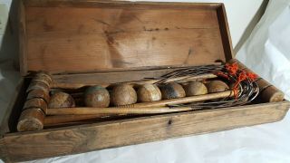 ANTIQUE CROQUET SET PRIMITIVE WOODEN Box STRIPE BALLS Vtg 1800 - 1900 ' S 8 PLAYER 3