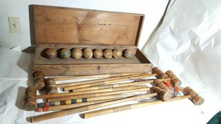 ANTIQUE CROQUET SET PRIMITIVE WOODEN Box STRIPE BALLS Vtg 1800 - 1900 ' S 8 PLAYER 6