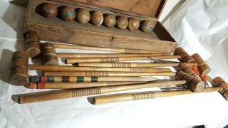 ANTIQUE CROQUET SET PRIMITIVE WOODEN Box STRIPE BALLS Vtg 1800 - 1900 ' S 8 PLAYER 7