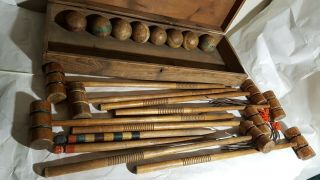 ANTIQUE CROQUET SET PRIMITIVE WOODEN Box STRIPE BALLS Vtg 1800 - 1900 ' S 8 PLAYER 8