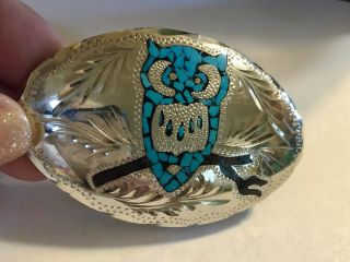 Vintage Sterling Silver Turquoise Owl Belt Buckle Gorgeous.