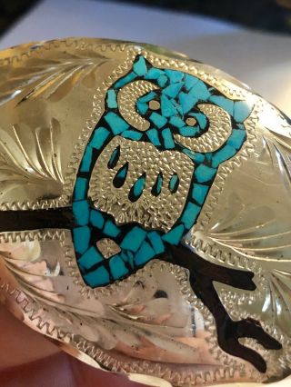 Vintage Sterling Silver Turquoise Owl Belt Buckle Gorgeous. 2