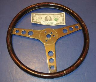 Vintage 13 5/8 " Diameter Chrome 3 Spoke Wood Rim Steering Wheel