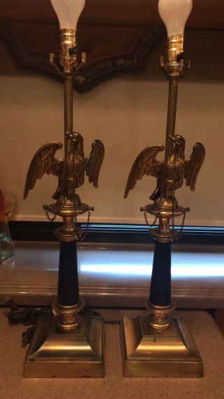 Vintage Stiffel Federal Style Brass American Eagle Table Set Lamps 1970 