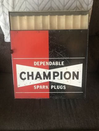 Rare Vintage Champion Spark Plug Sign Metal Cabinet Box With Spark Plug Display