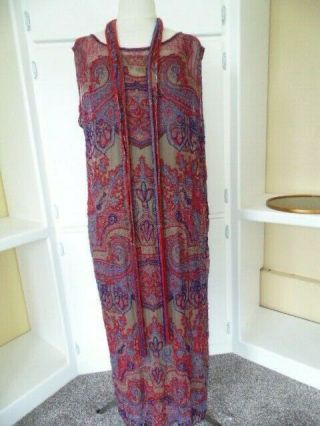 Rare 1920s 52 " Long Beaded Flapper Dress Antique Silk 20s Full Length Gown