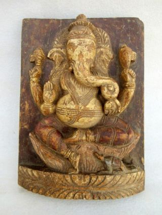 Vintage Old Rare Fine Hand Craved Wooden Hindu God Ganesha Figure Wall Panel