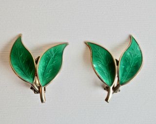 David Andersen Sterling Silver Leaf Earrings Green Enamel Guilloche Vintage 925