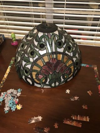Vintage Tiffany Style Stained Glass Lamp Shade Approx 18” Diameter 8