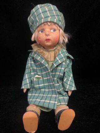 Antique Lenci Type 18 " Girl Doll Cloth Body Jointed Painted Face Green Plaid Art