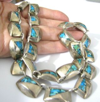 Vintage Sterling Silver Turquoise Inlay Taxco Necklace Pendant Segments 89g 19 "