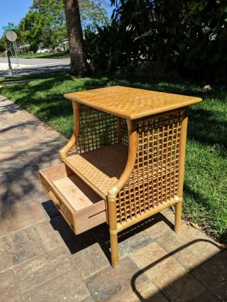 Vintage Rattan/bamboo Night Stand End Side Table W/drawer Unmarked Set Of 2