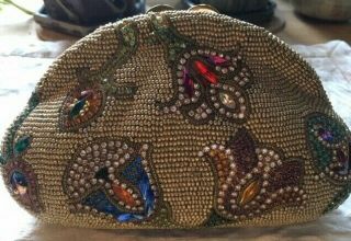 Vintage Gold Beaded Minaudiere Evening Bag Clutch Purse W/ Rhinestones Crystals