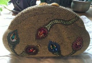 Vintage Gold Beaded Minaudiere Evening Bag Clutch Purse w/ Rhinestones Crystals 3