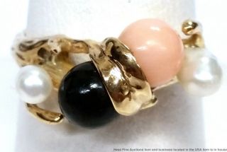 14k Gold Vintage Mid Century Freeform Black Pink Coral Natural Pearl Ring
