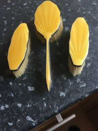 Silver Hairbrush And 2 Clothes Brushes With Unusual Primrose Yellow Enamel Backs