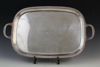 Vintage Hallmarked Silver Plate Handled Serving Platter Tray W/ Coat Of Arms