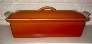 VINTAGE LE CREUSET CAST IRON ENAMEL FLAME ORANGE PATE TERRINE PAN LOAF PAN EUC 4