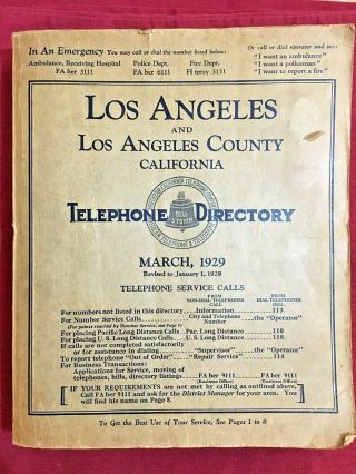 Vintage Rare 1929 Los Angeles & County California Telephone Directory Book -