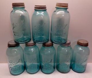 8 Vintage Blue Aqua Ball Mason 1/2 Gallon Jars & Zinc Lids