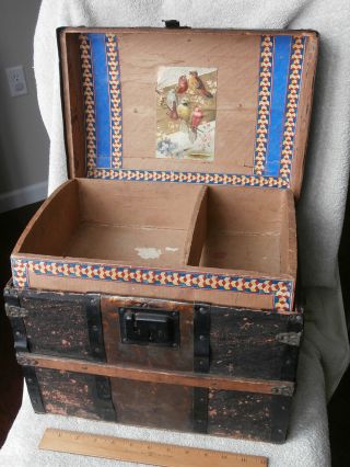 Small Antique Slight Dome Wooden & Paper Doll Trunk For Bisque Head Dolls