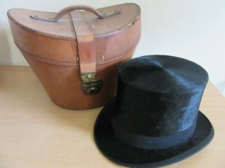Antique Victorian Dyer Bros,  7 " Top Hat In Leather Indestructo Case 1606