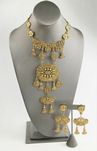 Vintage Jewelry Etruscan Revival Runway Statement Necklace & Earrings Set