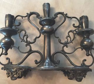 Antique Ornate Victorian 3 - Arm Silver Plate Scrolled Candle Holder