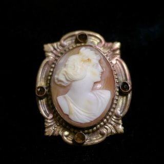 Vintage Antique Victorian Real Carved Shell Cameo W/ Cinnamon Garnets Brooch Pin