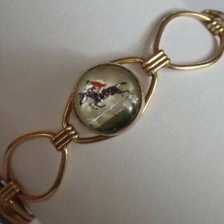 Vtg Gold Filled Reverse Painted Glass Essex Crystal Equestrian Horse Bracelet